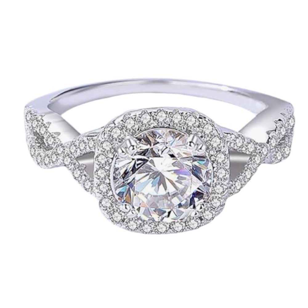 Silver‎ Halo Round Cubic Zirconia Engagement Ring - Silver